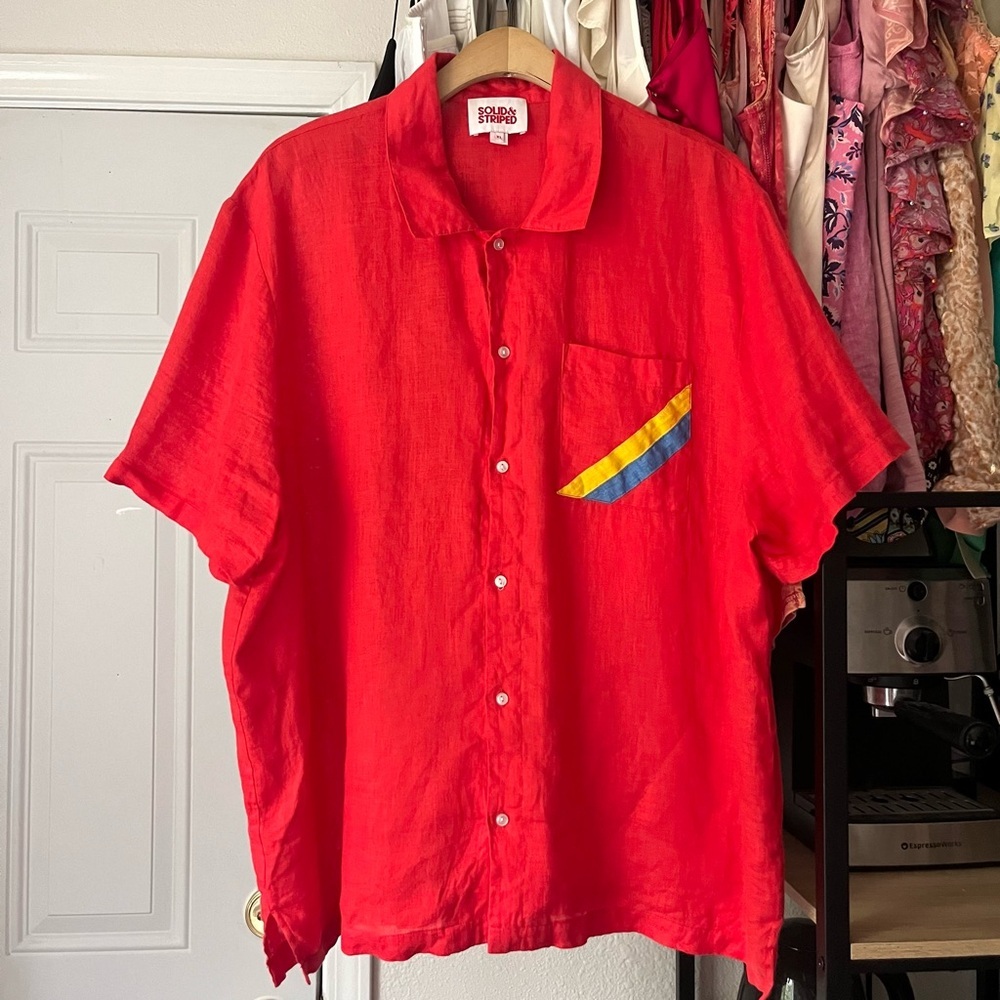 SOLID & STRIPED red linen mens stripe pocket detail short sleeve button up shirt
